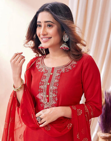 Red Embroidered Festive Suit Set