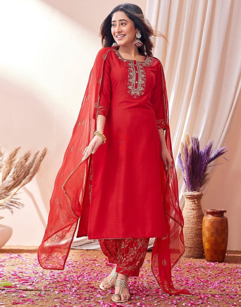 Red Embroidered Festive Suit Set