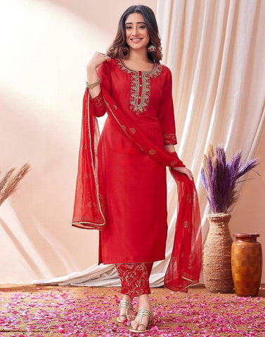 Red Embroidered Festive Suit Set