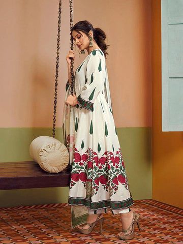 Cream Floral Anarkali Suit Set