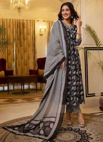 Black & White Printed Cotton Suit Set