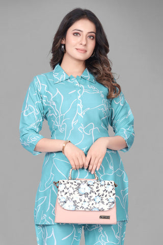 Aqua Line Art Cotton Co-ord Suit Set