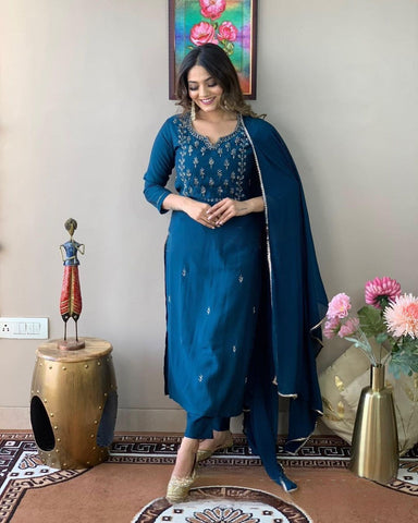 Petrol Blue Mirror Work Suit Set