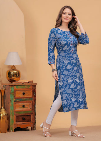 Blue Leaf Print Cotton Kurta Set