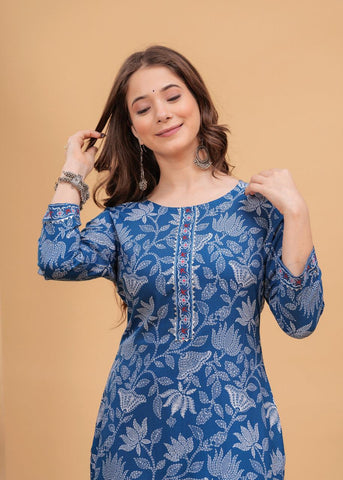 Blue Leaf Print Cotton Kurta Set
