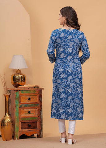 Blue Leaf Print Cotton Kurta Set