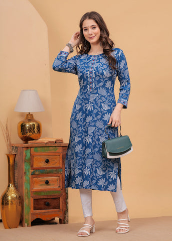 Blue Leaf Print Cotton Kurta Set