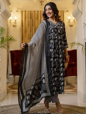 Black & White Printed Cotton Suit Set