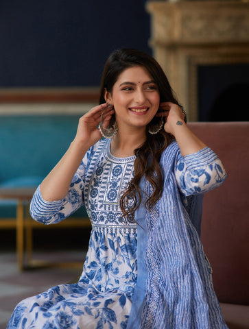 Blue Blossom Printed Suit Set