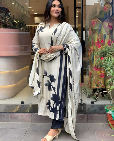 Ivory-Black Floral Print Straight Suit Set